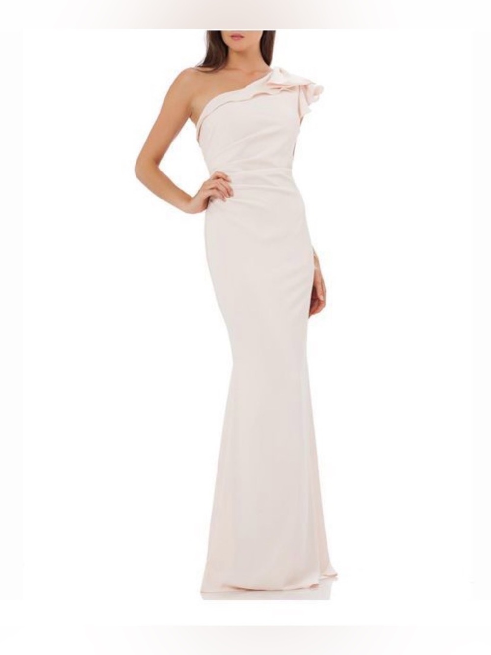 Carmen Marc Valvo One-Shoulder Ruffle Gown in Light Blush